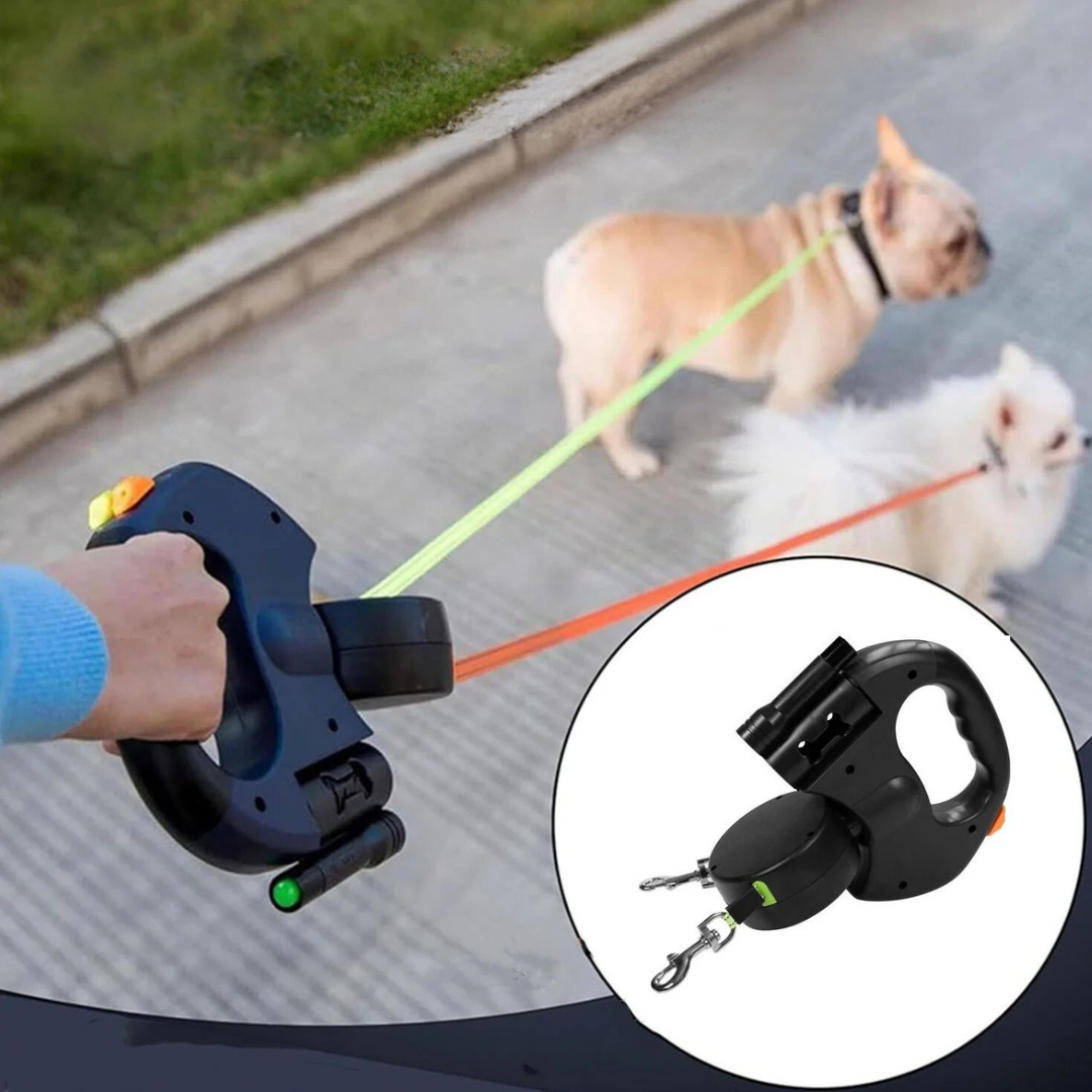 "Tangle-free dual dog leash with LED light for safe walks, featuring 360° swivel, ergonomic handle, and color-coded leads."