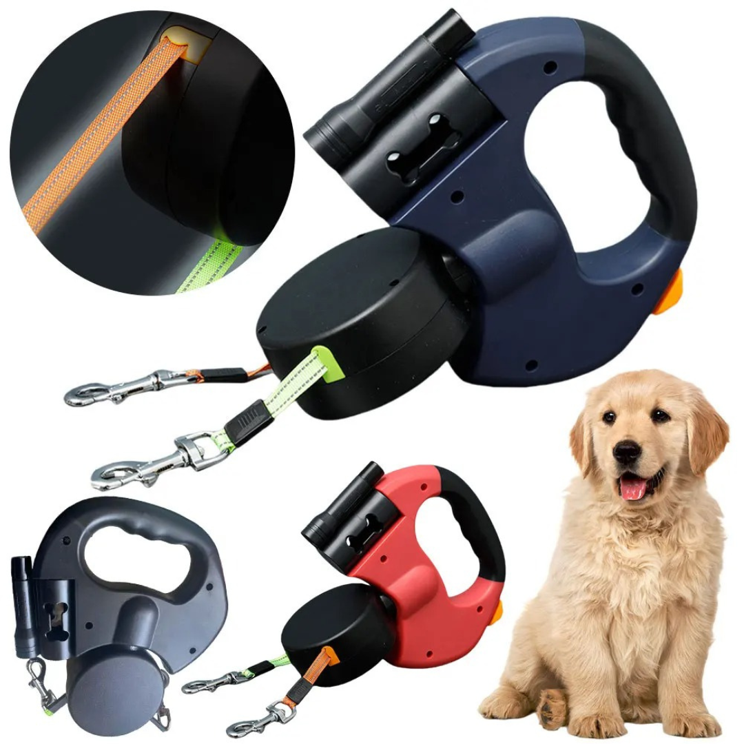 "Tangle-free dual dog leash with LED light for safe walks, featuring 360° swivel, ergonomic handle, and color-coded leads."