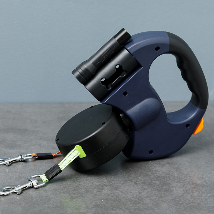 "Tangle-free dual dog leash with LED light for safe walks, featuring 360° swivel, ergonomic handle, and color-coded leads."