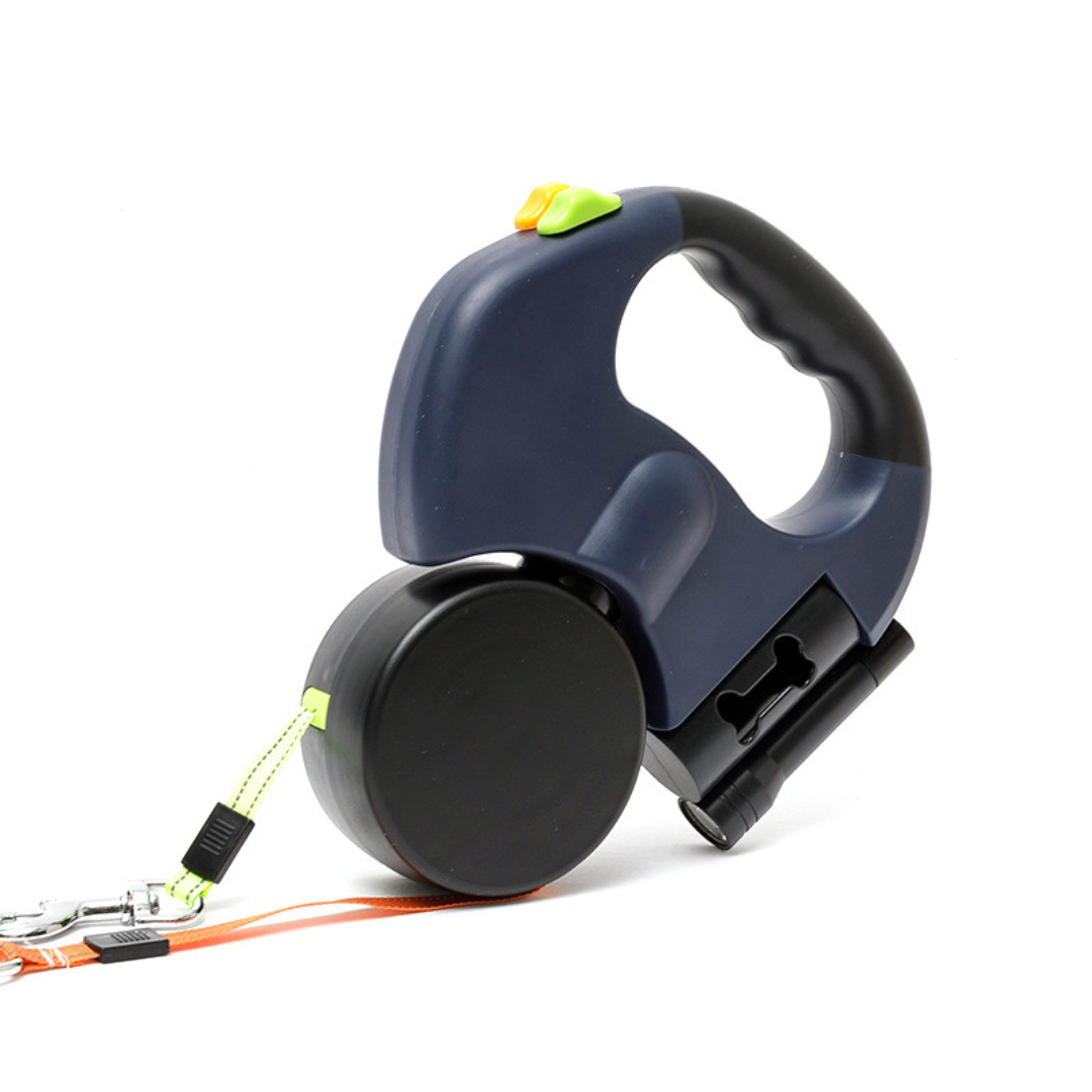 "Tangle-free dual dog leash with LED light for safe walks, featuring 360° swivel, ergonomic handle, and color-coded leads."