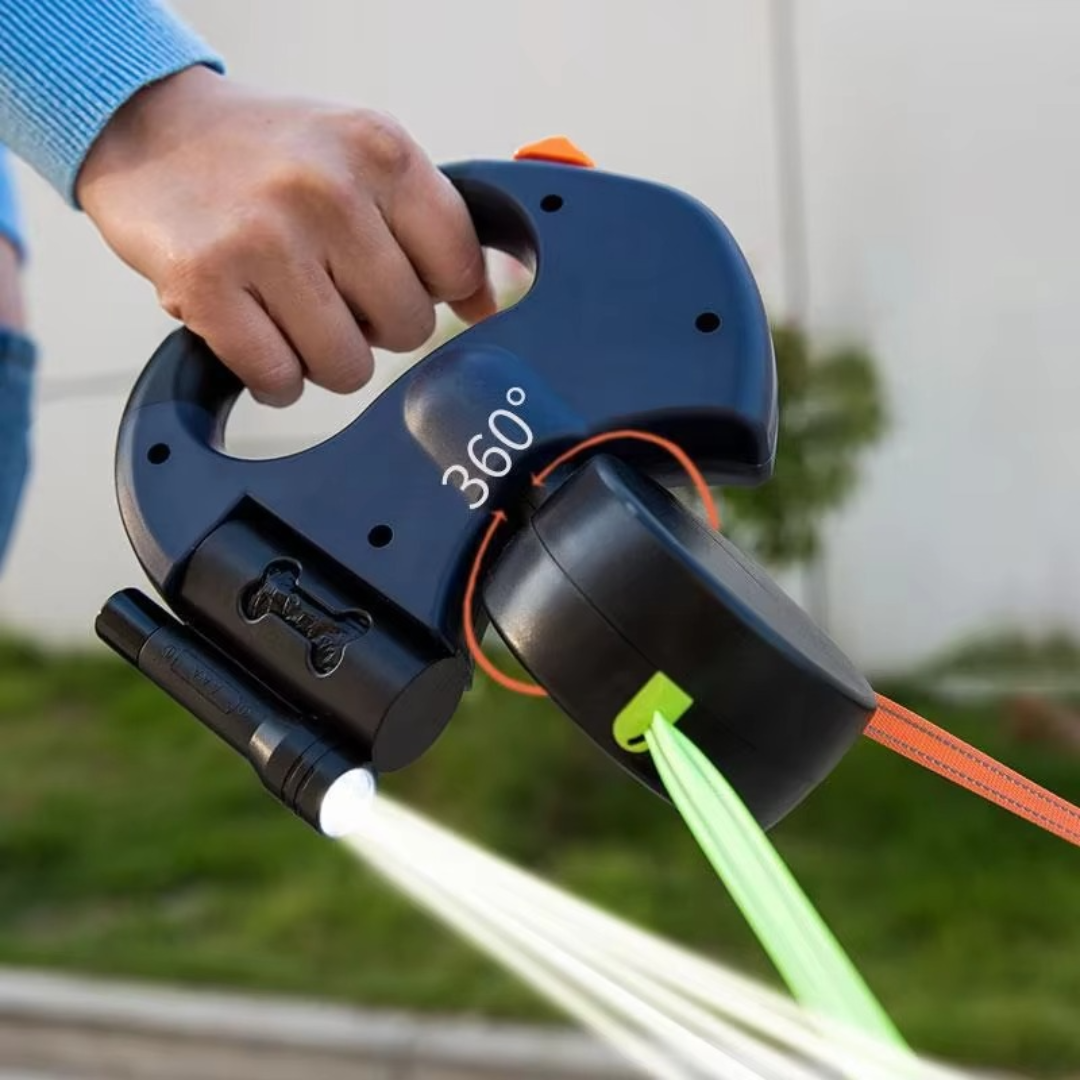 "Tangle-free dual dog leash with LED light for safe walks, featuring 360° swivel, ergonomic handle, and color-coded leads."