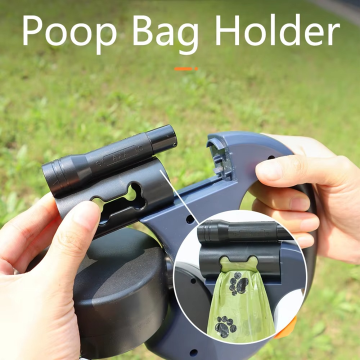 "Tangle-free dual dog leash with LED light for safe walks, featuring 360° swivel, ergonomic handle, and color-coded leads."