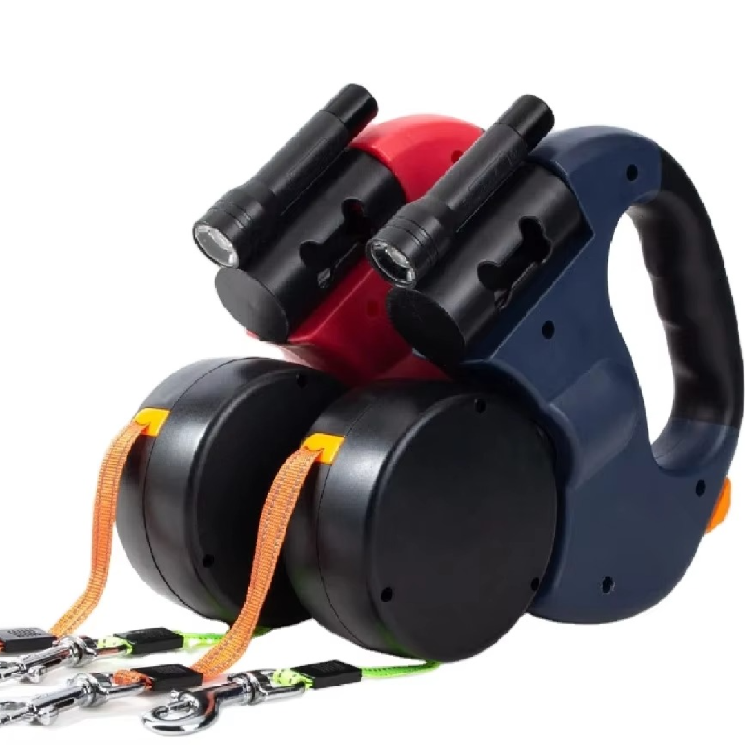 "Tangle-free dual dog leash with LED light for safe walks, featuring 360° swivel, ergonomic handle, and color-coded leads."