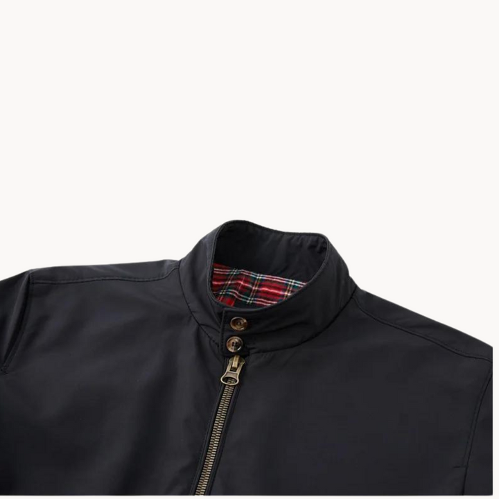 "Tartan-lined Harrington jacket with ribbed cuffs and hem, featuring classic side view. Men's Camden Heritage style."