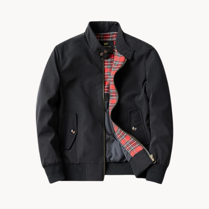 "Tartan-lined Harrington jacket with ribbed cuffs and hem, featuring classic side view. Men's Camden Heritage style."
