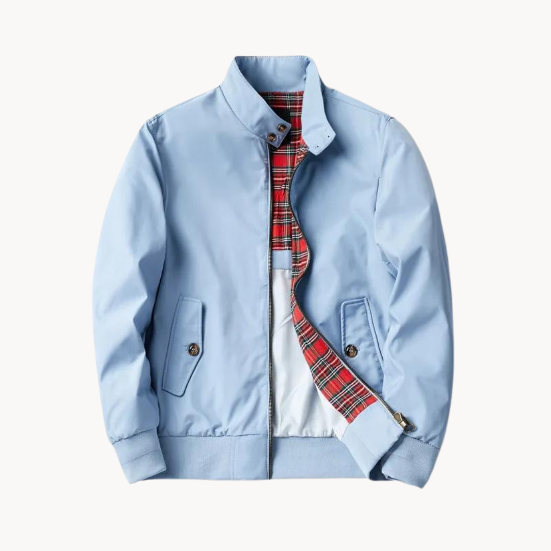"Tartan-lined Harrington jacket with ribbed cuffs and hem, featuring classic side view. Men's Camden Heritage style."