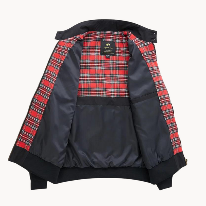 "Tartan-lined Harrington jacket with ribbed cuffs and hem, featuring classic side view. Men's Camden Heritage style."