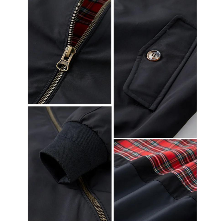 "Tartan-lined Harrington jacket with ribbed cuffs and hem, featuring classic side view. Men's Camden Heritage style."