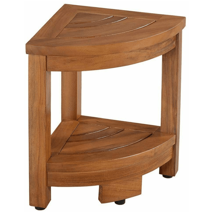Teak shower corner bench with storage, compact design, made of durable teak wood, ideal for holding toiletries.