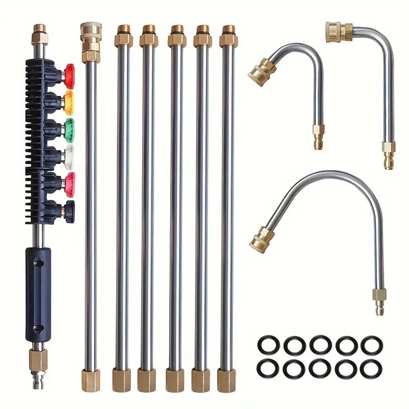 "Telescoping high pressure washer wand set, 4000 PSI, extends 24 ft, cleans roofs & gutters, brass & stainless steel design."
