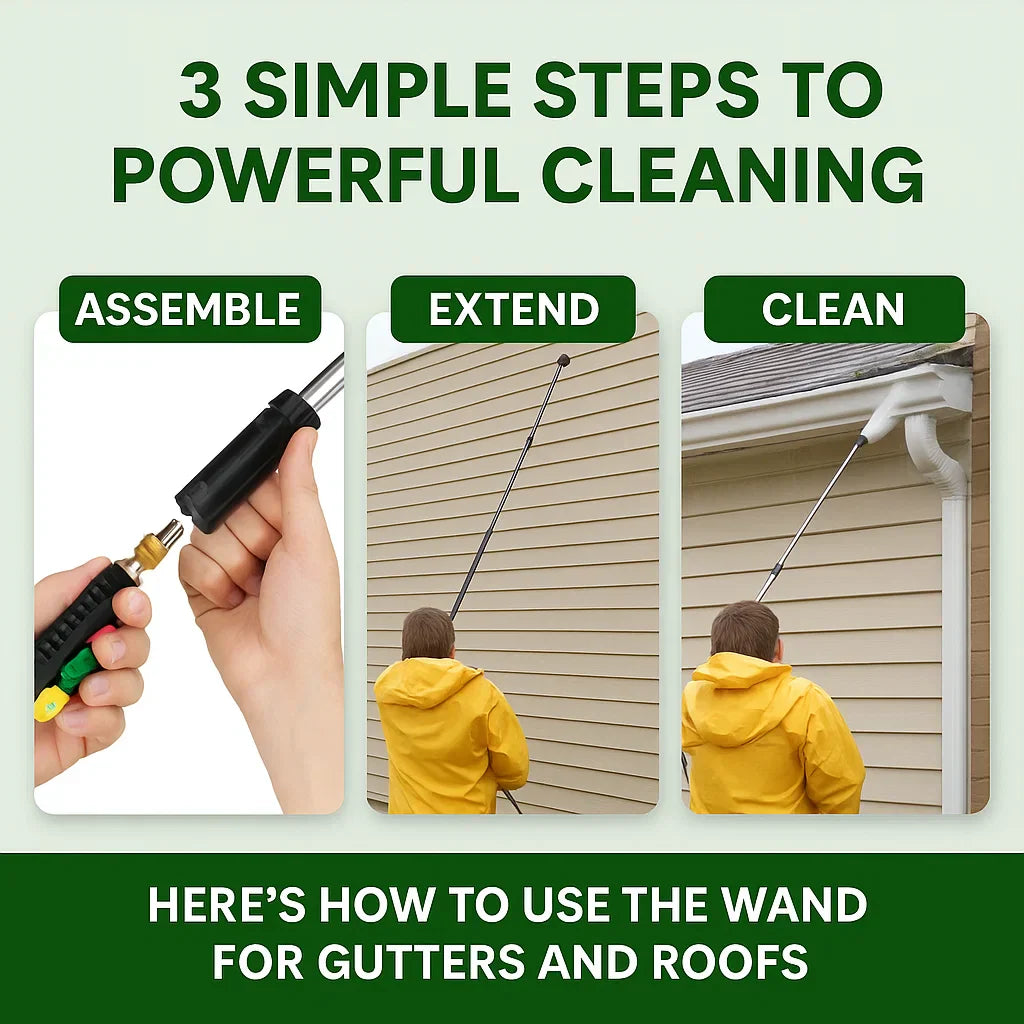 "Telescoping high pressure washer wand set, 4000 PSI, extends 24 ft, cleans roofs & gutters, brass & stainless steel design."