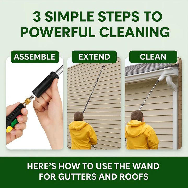 "Telescoping high pressure washer wand set, 4000 PSI, extends 24 ft, cleans roofs & gutters, brass & stainless steel design."