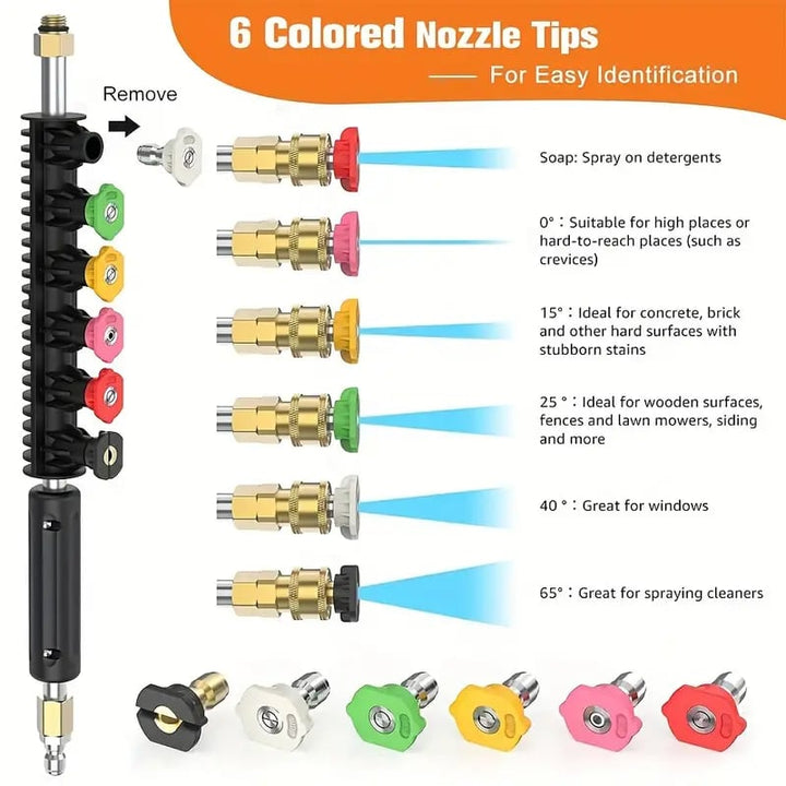 "Telescoping high pressure washer wand set, 4000 PSI, extends 24 ft, cleans roofs & gutters, brass & stainless steel design."