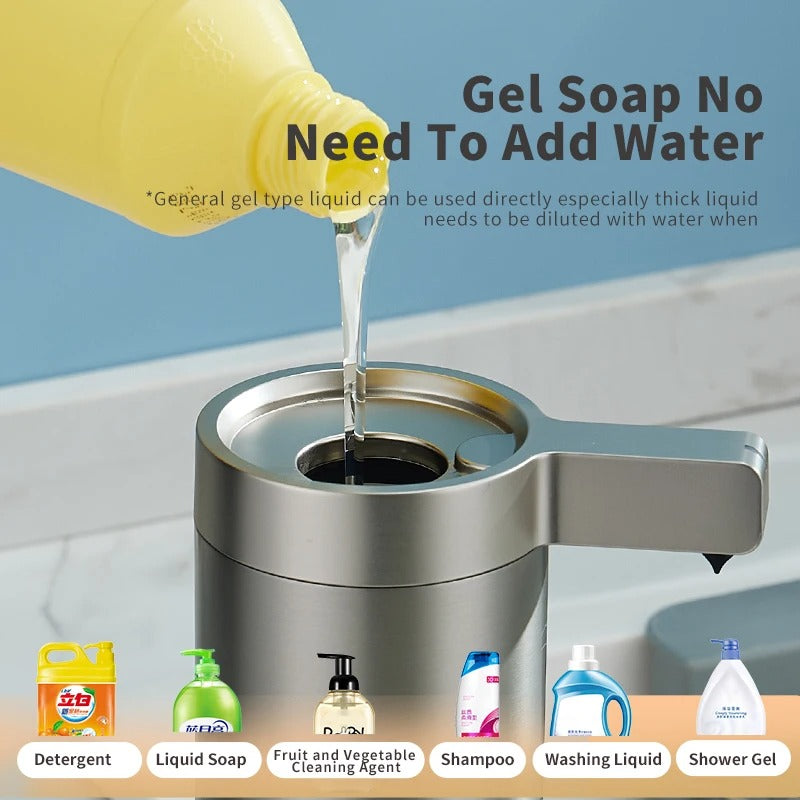 Touchless stainless steel soap dispenser with sleek design and motion sensor, suitable for kitchen and bathroom use.