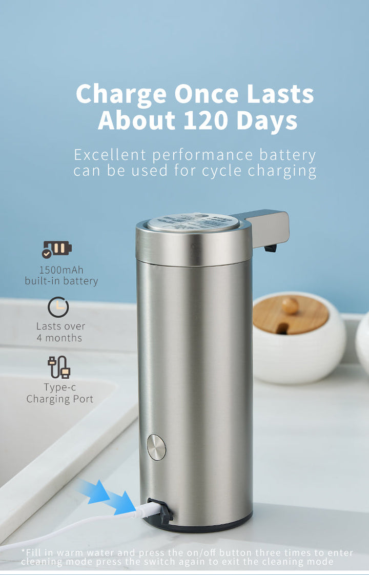 Touchless stainless steel soap dispenser with sleek design and motion sensor, suitable for kitchen and bathroom use.