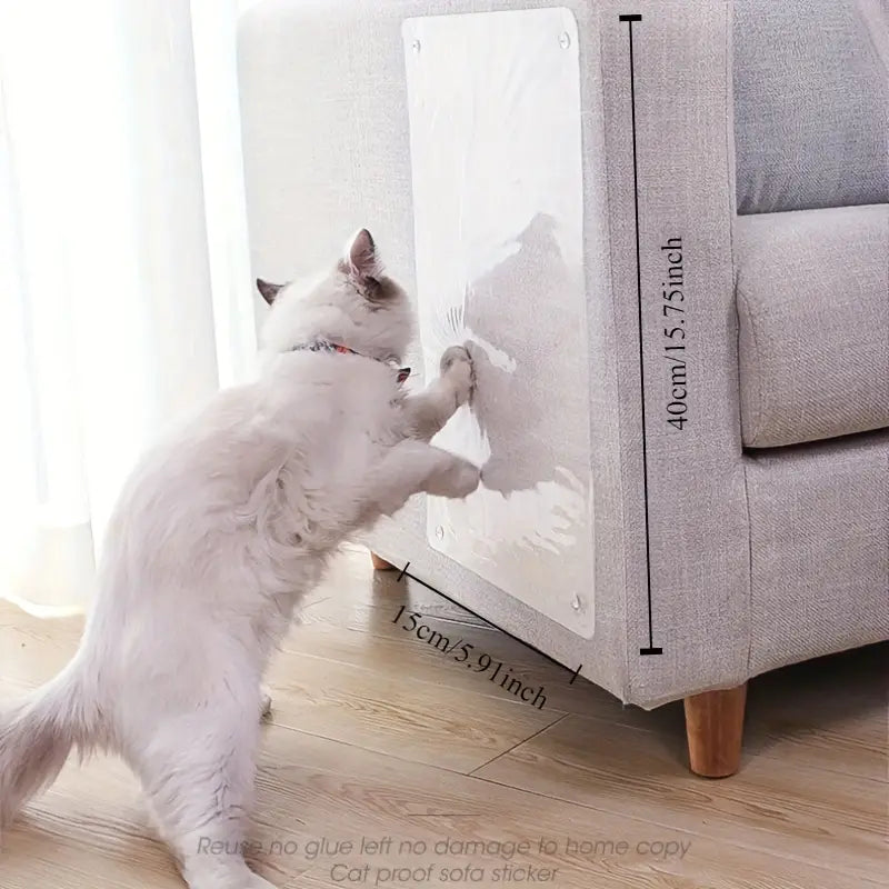 "Transparent self-adhesive cat scratch protector on sofa, invisible design, easy peel-and-stick installation, durable pet sup
