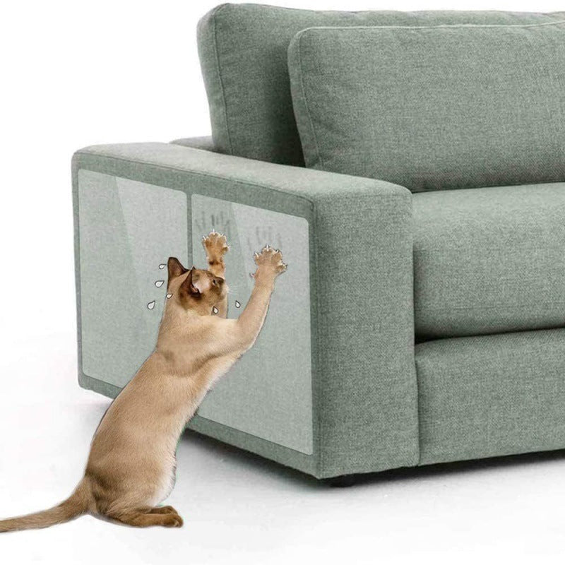 "Transparent self-adhesive cat scratch protector on sofa, invisible design, easy peel-and-stick installation, durable pet sup