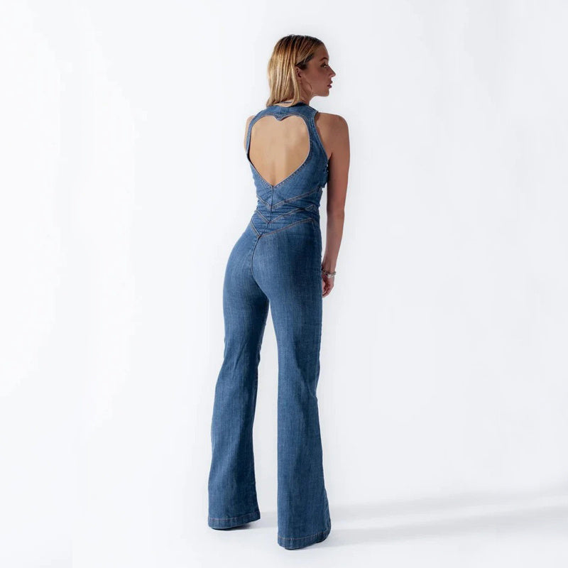 "Trendy women's denim jumpsuit with a flattering fit, showcasing soft fabric and versatile style for casual or formal wear."