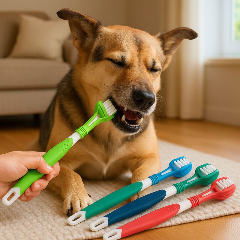 "Triple-sided pet toothbrush with comfort-grip handle; innovative design for effective, hassle-free cleaning of pet teeth."