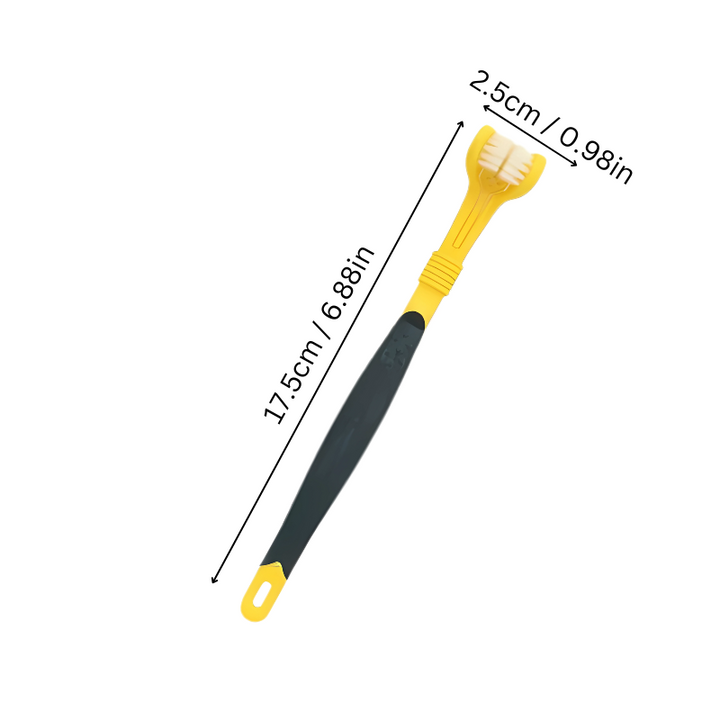"Triple-sided pet toothbrush with comfort-grip handle; innovative design for effective, hassle-free cleaning of pet teeth."