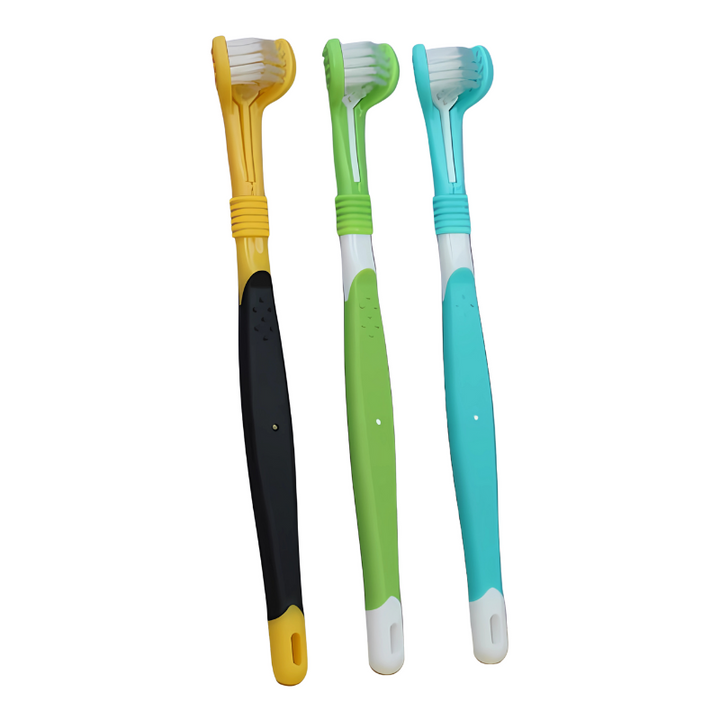 "Triple-sided pet toothbrush with comfort-grip handle; innovative design for effective, hassle-free cleaning of pet teeth."