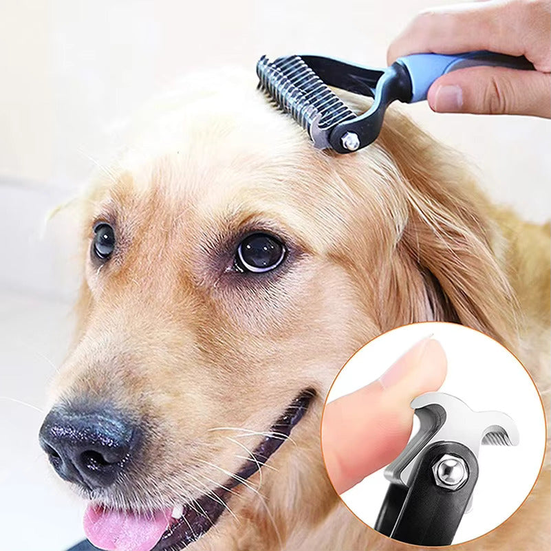 "Two-sided pet comb for cats and dogs with ergonomic handle, stainless steel teeth, detangles and thins undercoat, durable."