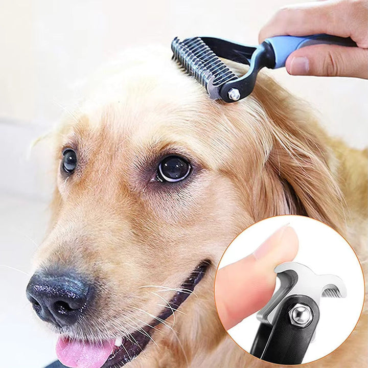 "Two-sided pet comb for cats and dogs with ergonomic handle, stainless steel teeth, detangles and thins undercoat, durable."