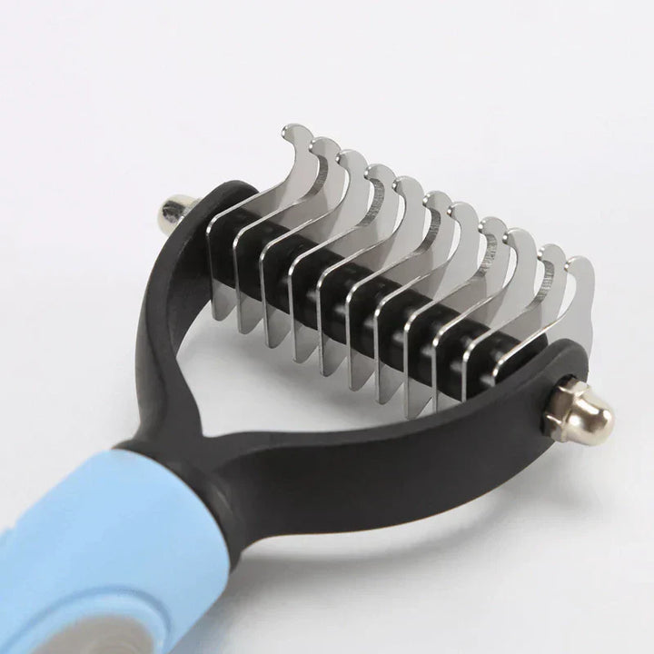 "Two-sided pet comb for cats and dogs with ergonomic handle, stainless steel teeth, detangles and thins undercoat, durable."