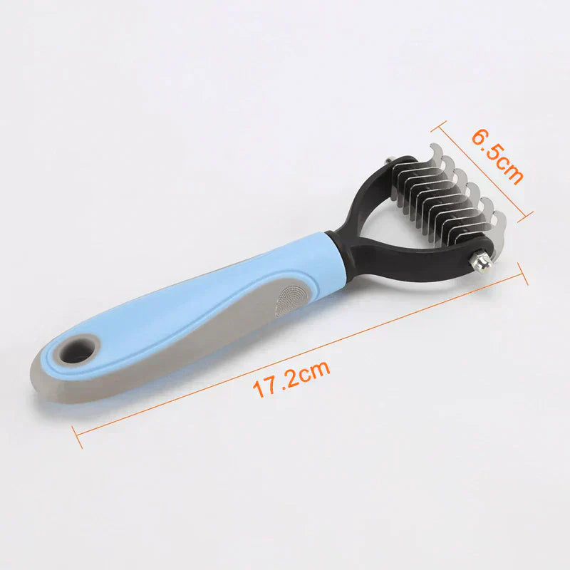 "Two-sided pet comb for cats and dogs with ergonomic handle, stainless steel teeth, detangles and thins undercoat, durable."