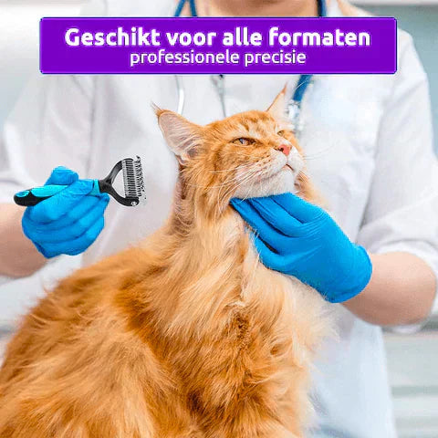 "Two-sided pet comb for cats and dogs with ergonomic handle, stainless steel teeth, detangles and thins undercoat, durable."