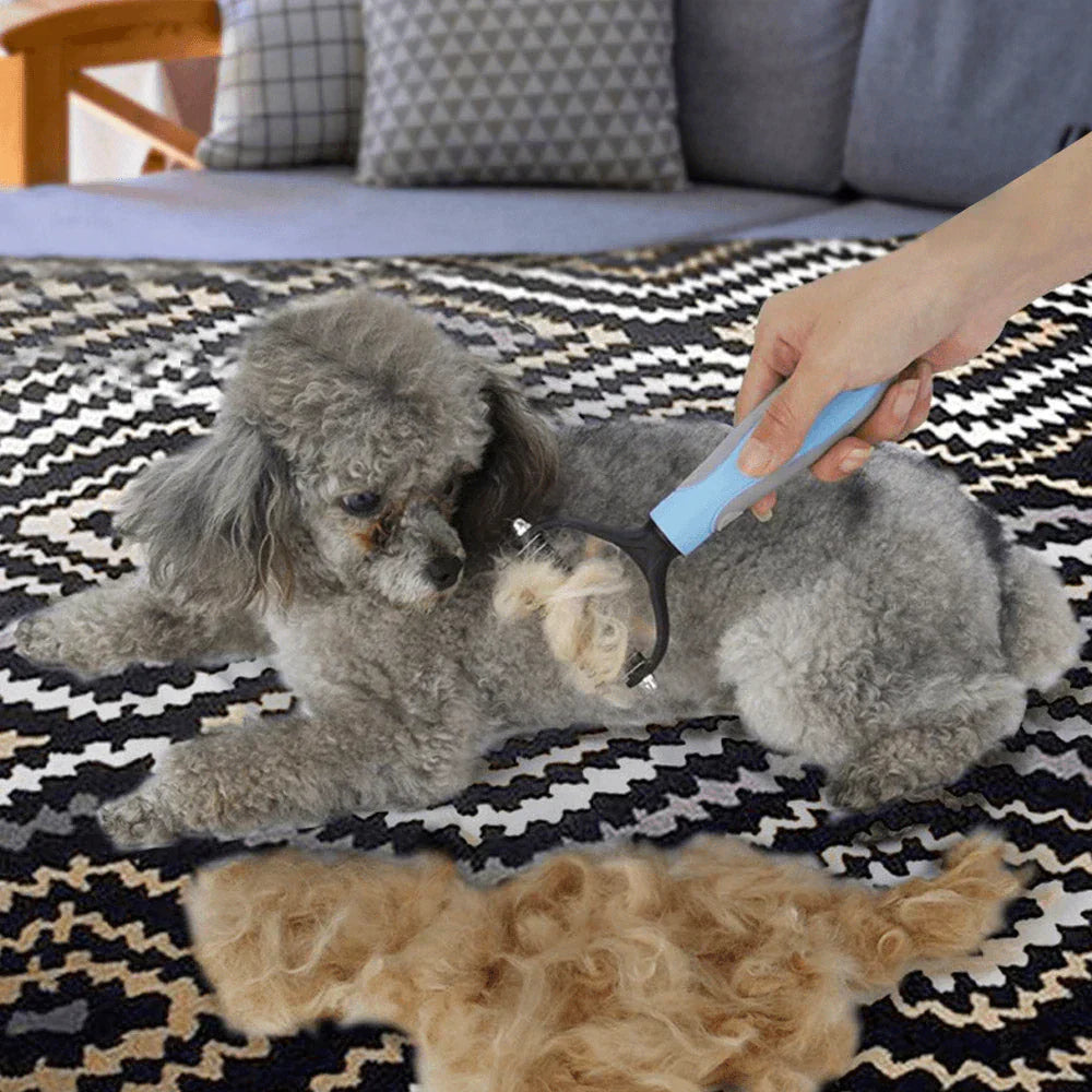 "Two-sided pet comb for cats and dogs with ergonomic handle, stainless steel teeth, detangles and thins undercoat, durable."