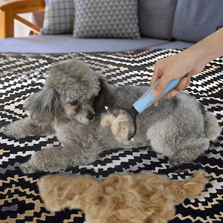 "Two-sided pet comb for cats and dogs with ergonomic handle, stainless steel teeth, detangles and thins undercoat, durable."