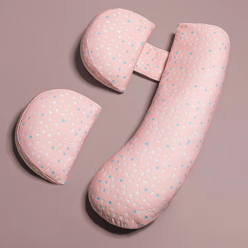 "U-shaped maternity pillow for pregnancy support, soft ergonomic design, offers full body comfort for back, belly, and legs."
