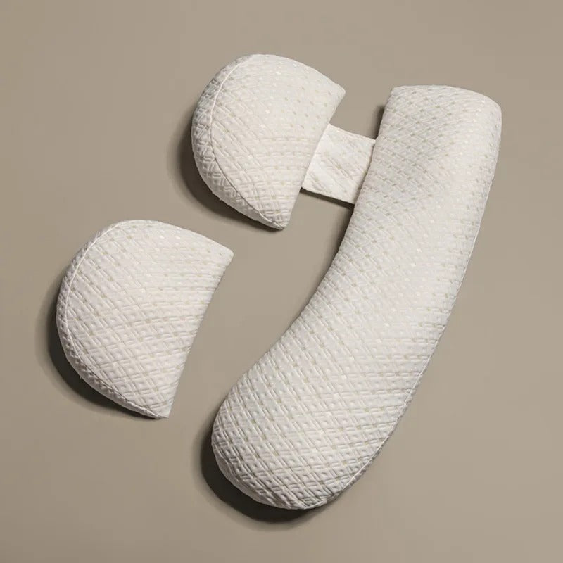 "U-shaped maternity pillow for pregnancy support, soft ergonomic design, offers full body comfort for back, belly, and legs."