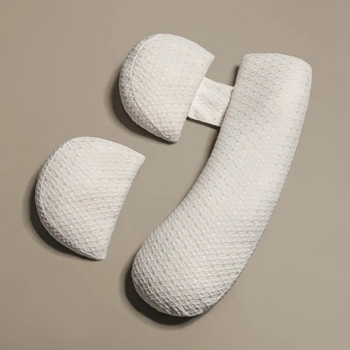 "U-shaped maternity pillow for pregnancy support, soft ergonomic design, offers full body comfort for back, belly, and legs."