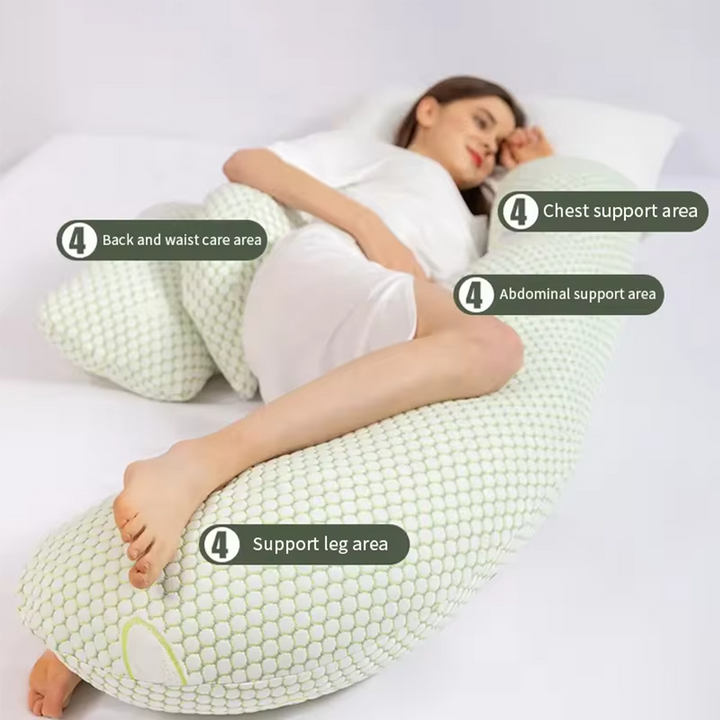 U-Shaped maternity pillow in white, offers full-body support for head, neck, back, belly, and legs with hypoallergenic fabric