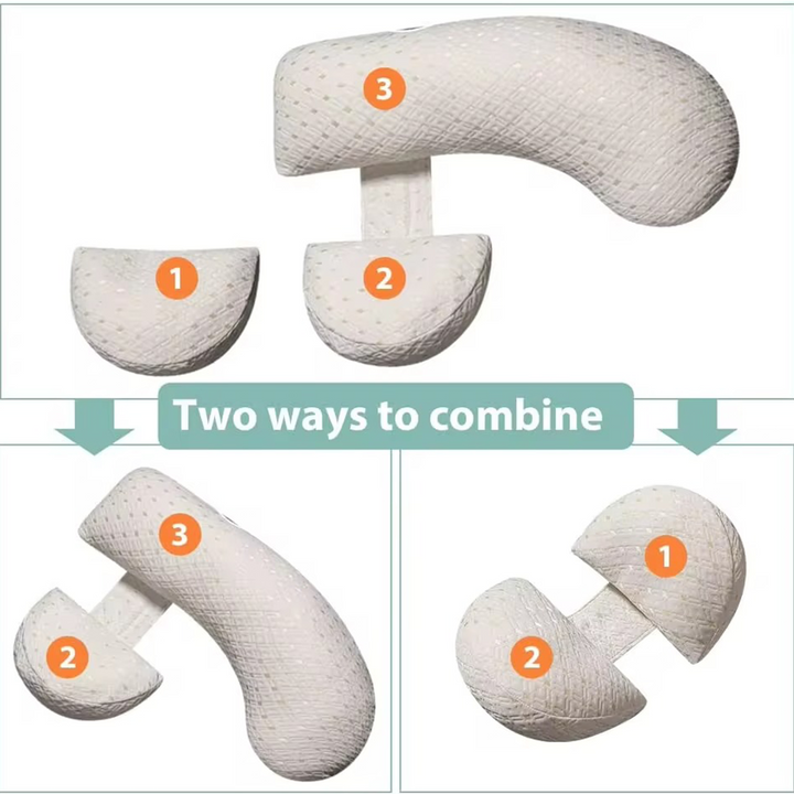 U-Shaped maternity pillow in white, offers full-body support for head, neck, back, belly, and legs with hypoallergenic fabric