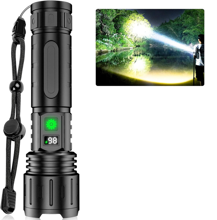 Ultra-Bright Tactical Flashlight 100,000 lumens, durable design, aviation-grade aluminium, IPX5 waterproof, outdoor, technolo