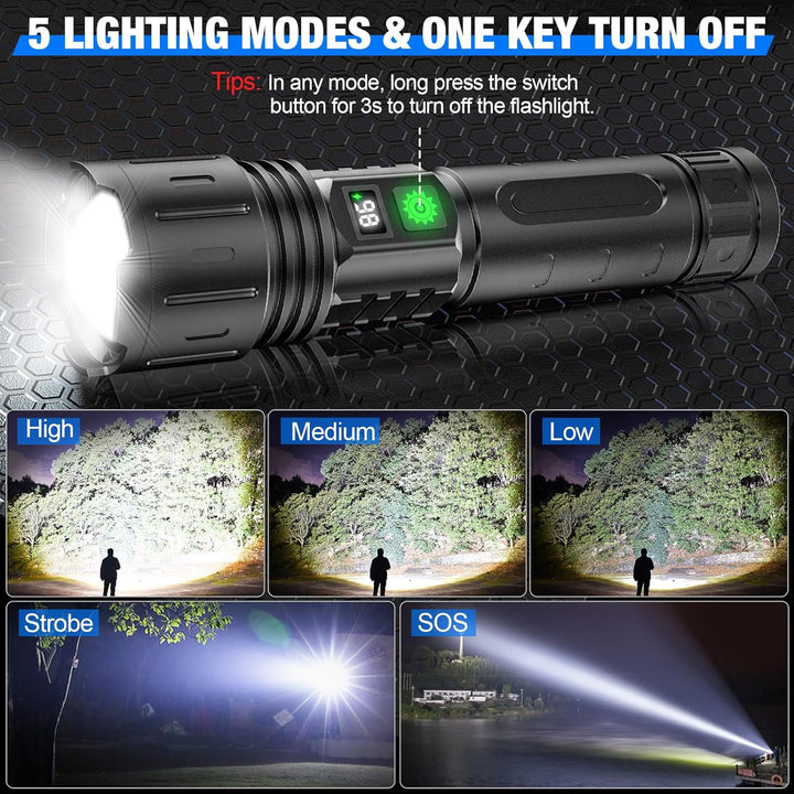 Ultra-Bright Tactical Flashlight 100,000 lumens, durable design, aviation-grade aluminium, IPX5 waterproof, outdoor, technolo