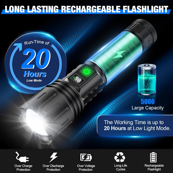 Ultra-Bright Tactical Flashlight 100,000 lumens, durable design, aviation-grade aluminium, IPX5 waterproof, outdoor, technolo