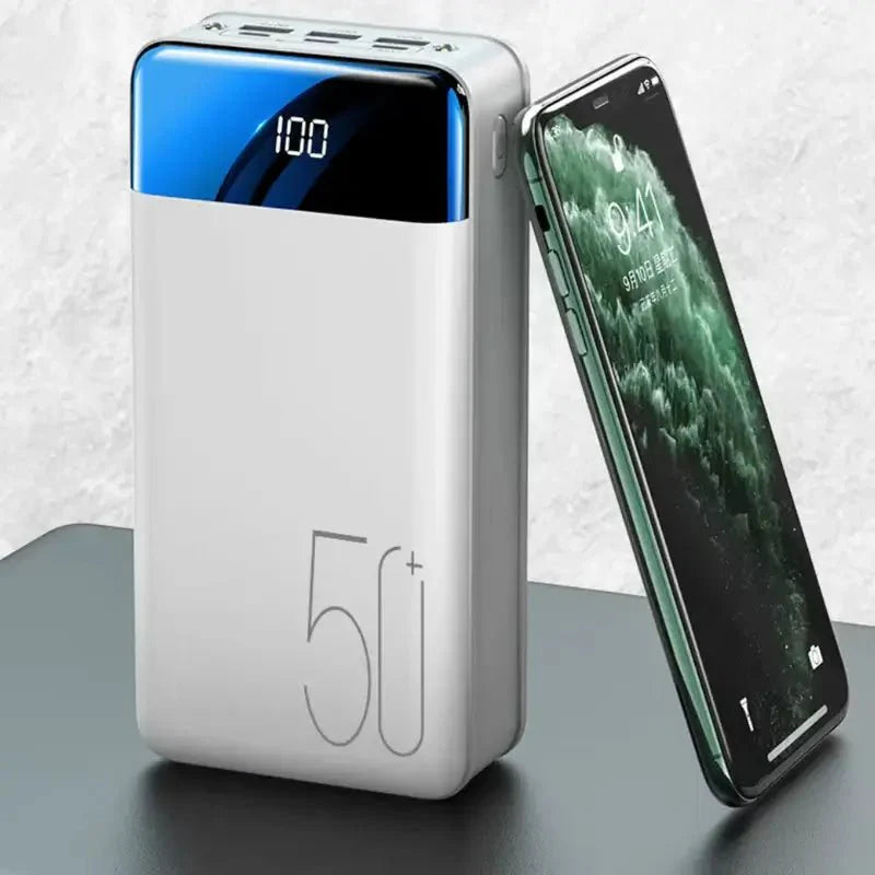 Ultra capacity 50K mAh power bank with versatile use, shown in sleek design and compact size for portable charging needs.