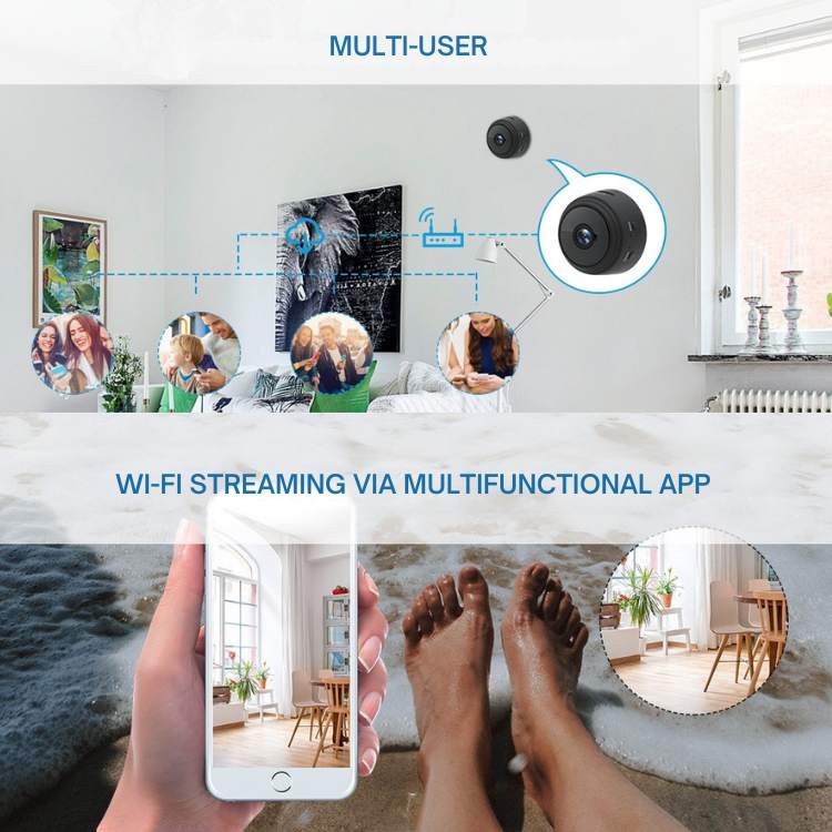Ultra-Compact HD Security Camera with night vision, sleek mini design, 1080p resolution, 150° wide-angle, infrared LEDs.