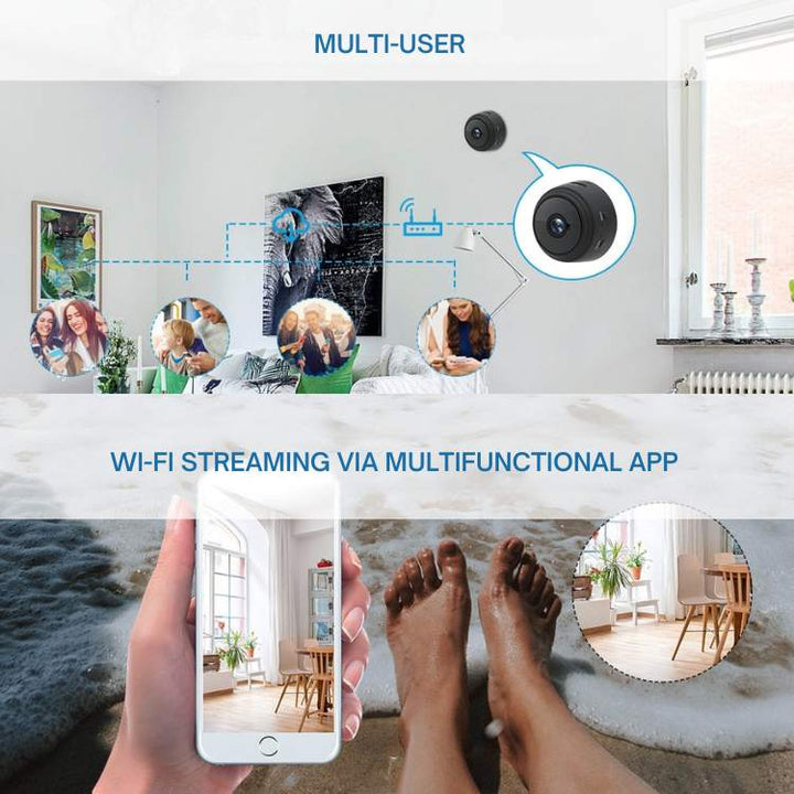 Ultra-Compact HD Security Camera with night vision, sleek mini design, 1080p resolution, 150° wide-angle, infrared LEDs.