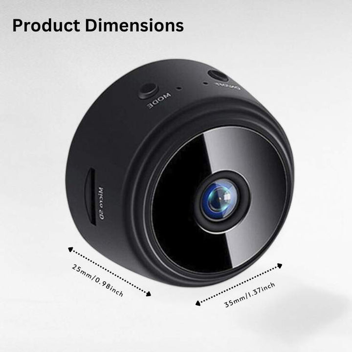 Ultra-Compact HD Security Camera with night vision, sleek mini design, 1080p resolution, 150° wide-angle, infrared LEDs.