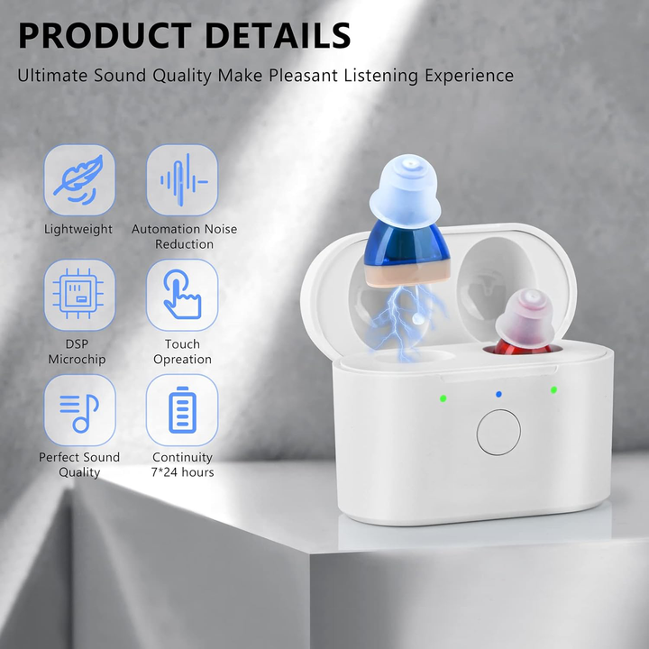 "Ultra-discreet rechargeable invisible hearing aids, sleek blue and red design, perfect for enhanced auditory clarity."