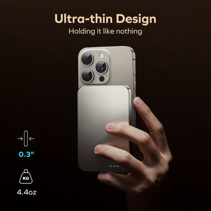 Ultra-slim aluminum power bank with sleek design, available in black, gray, or purple; ideal for portable device charging.