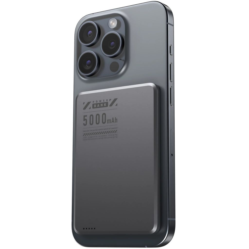 Ultra-slim aluminum power bank with sleek design, available in black, gray, or purple; ideal for portable device charging.