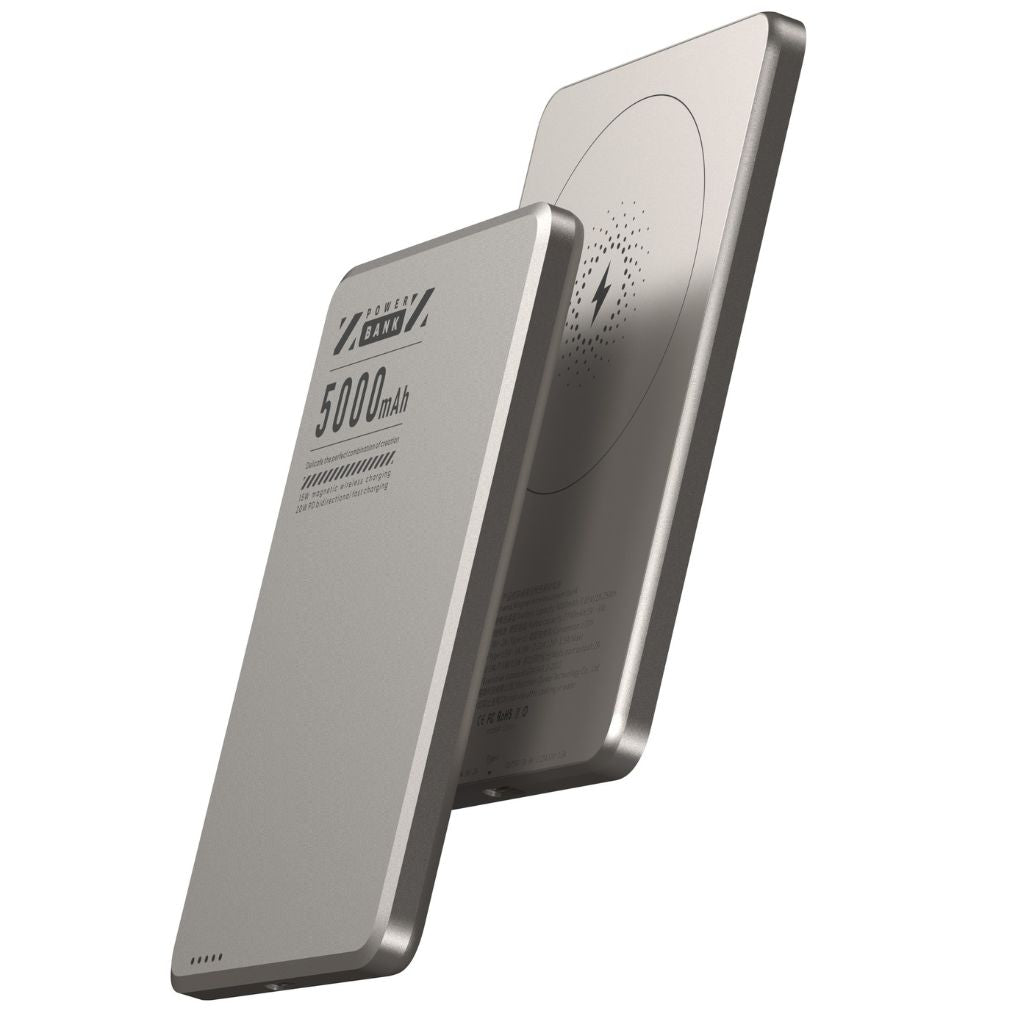 Ultra-slim aluminum power bank with sleek design, available in black, gray, or purple; ideal for portable device charging.