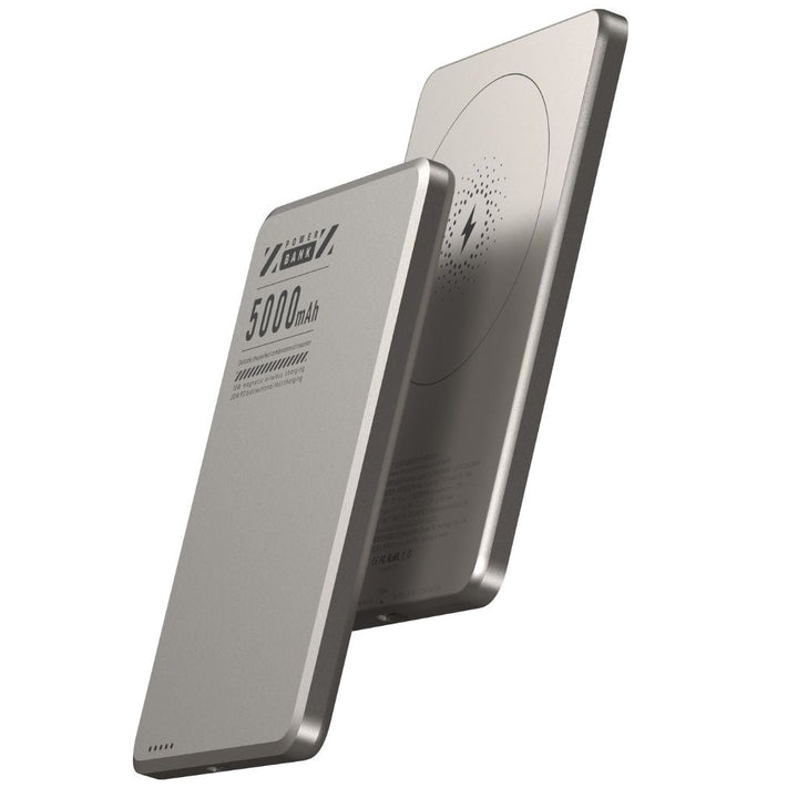 Ultra-slim aluminum power bank with sleek design, available in black, gray, or purple; ideal for portable device charging.