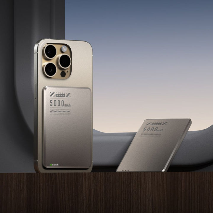 Ultra-slim aluminum power bank with sleek design, available in black, gray, or purple; ideal for portable device charging.